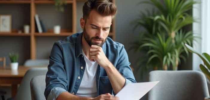 Jeune homme professionnel examine un contrat de location dans un salon moderne