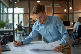 Jeune homme en studio design regardant des croquis