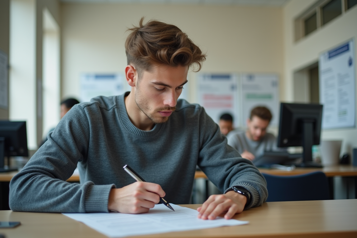 Jeune homme remplissant un formulaire dans un bureau administratif