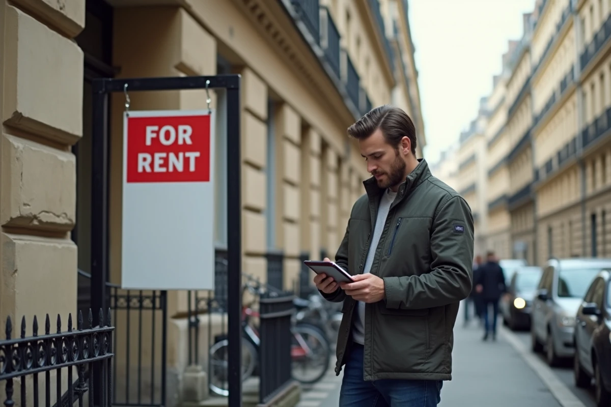 Jeune homme regardant un panneau à louer devant un immeuble parisien