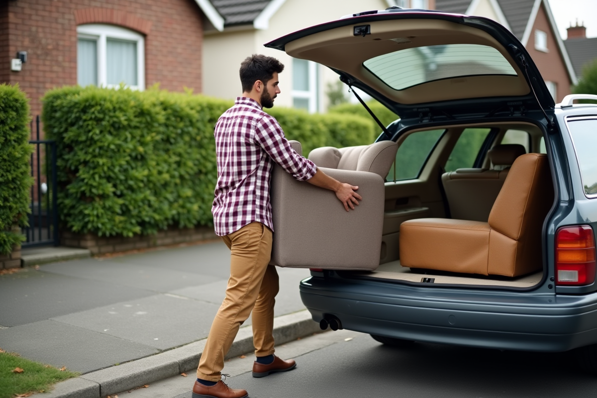 Jeune homme déplaçant un fauteuil dans une rue résidentielle