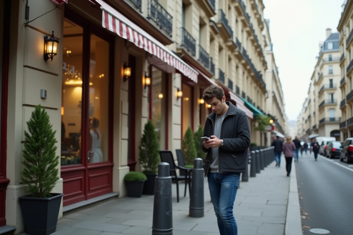 Jeune homme vérifiant son téléphone devant un immeuble parisien