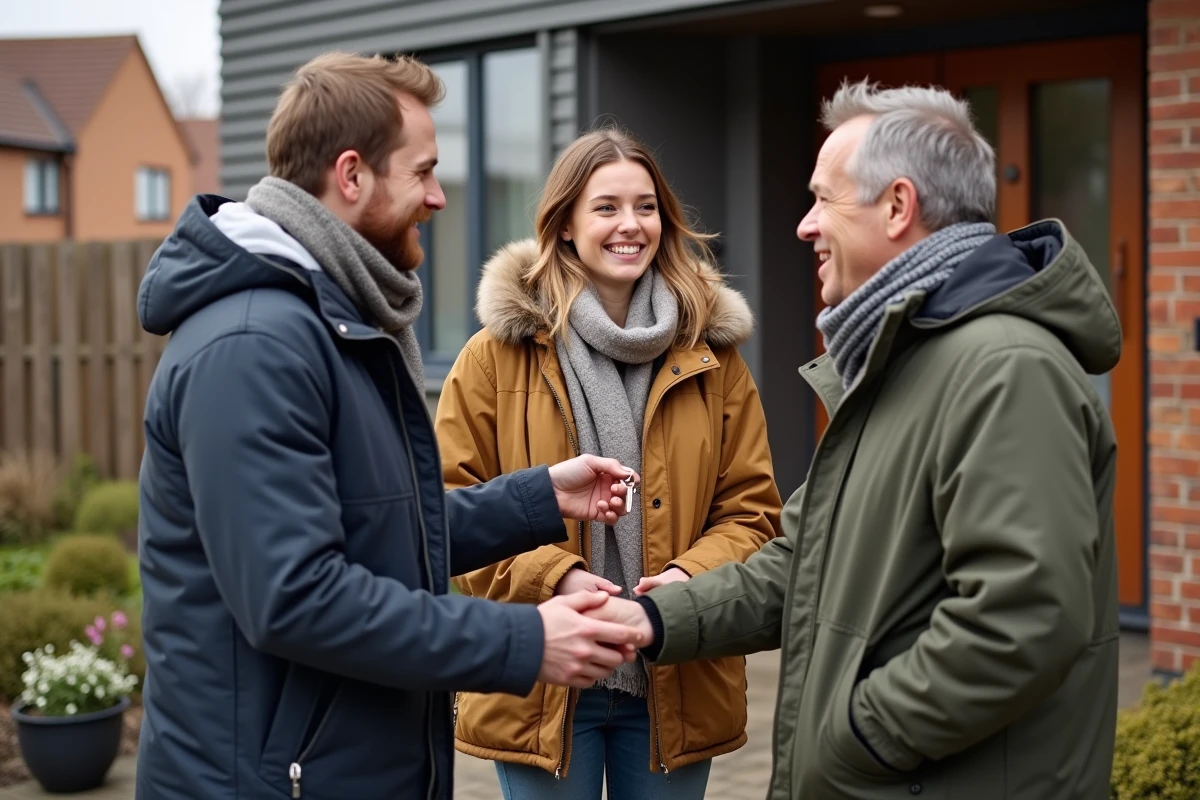 Jeune couple échangeant des clés devant un immeuble moderne