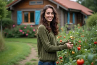 Femme souriante dans son jardin avec tomates et maison