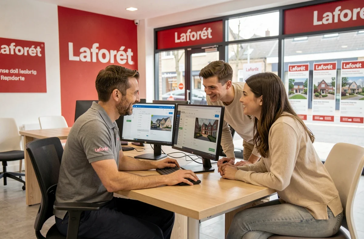 Agent Laforêt conseillant un jeune couple devant un ordinateur dans une agence immobilière moderne