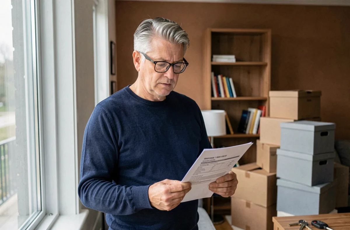 Propriétaire lisant une lettre de résiliation d'assurance habitation entouré de cartons de déménagement