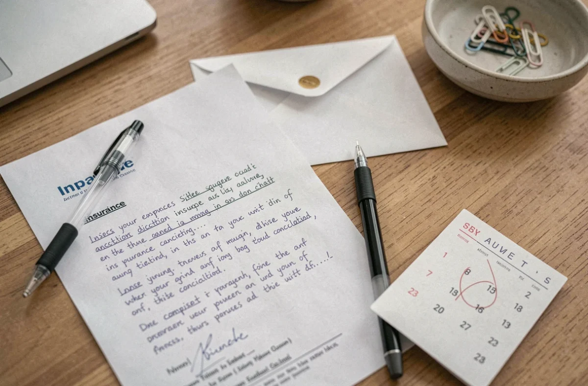 Lettre de résiliation d'assurance habitation manuscrite avec enveloppe pour la loi Hamon