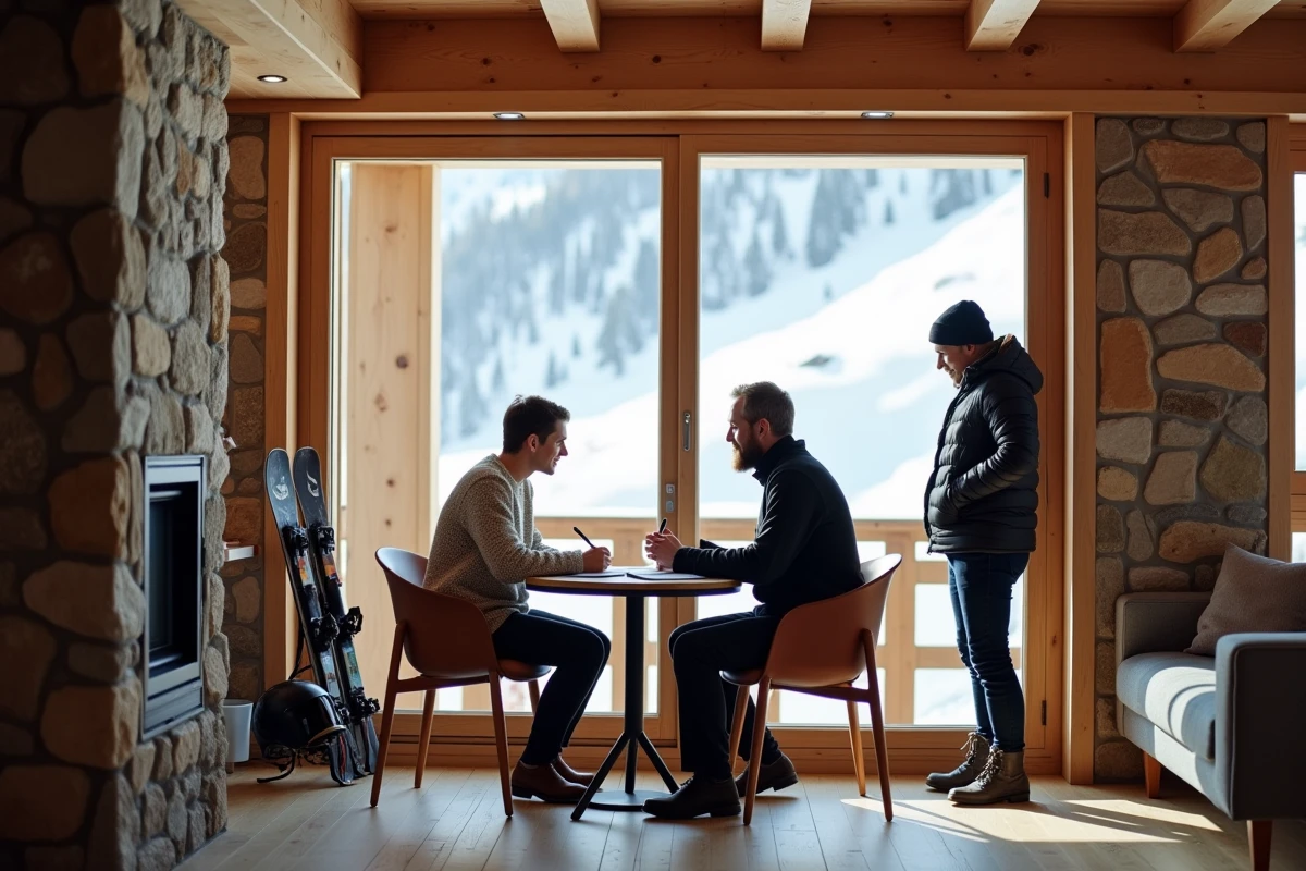 Couple signant un contrat de location saisonnière dans un appartement de chalet aux Menuires avec vue sur les pistes