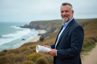Le maire en portrait avec carte sur chemin côtier rocheux