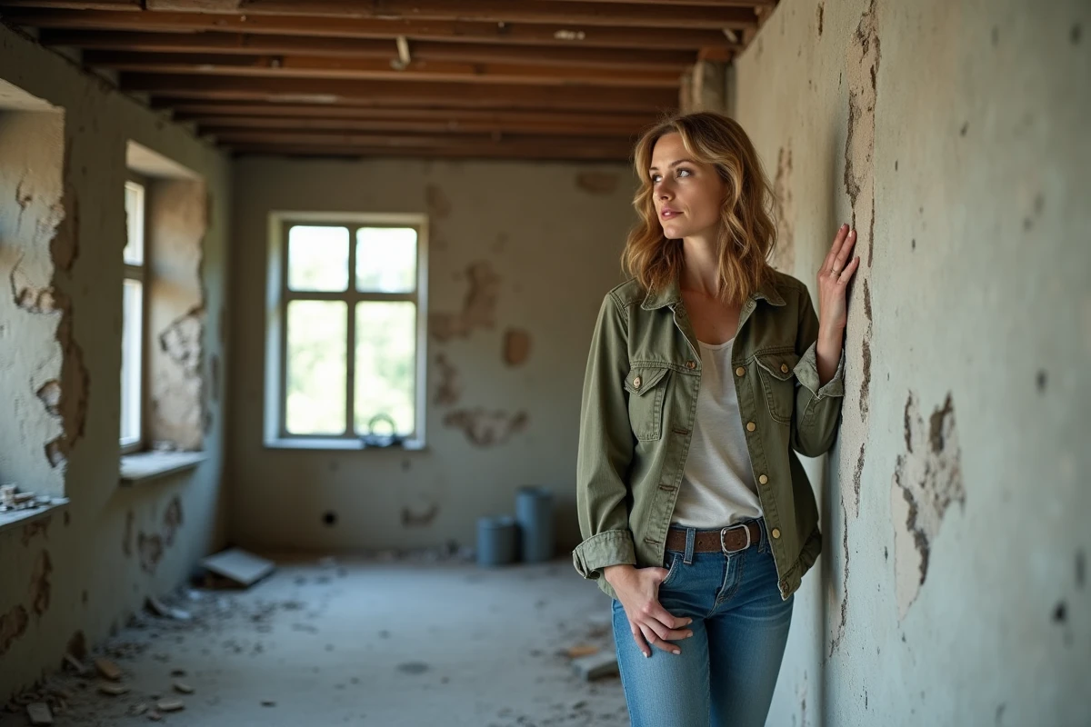 Femme inspectant une maison ancienne à rénover avec murs en pierre apparente et poutres en bois, évaluant les travaux nécessaires avant achat