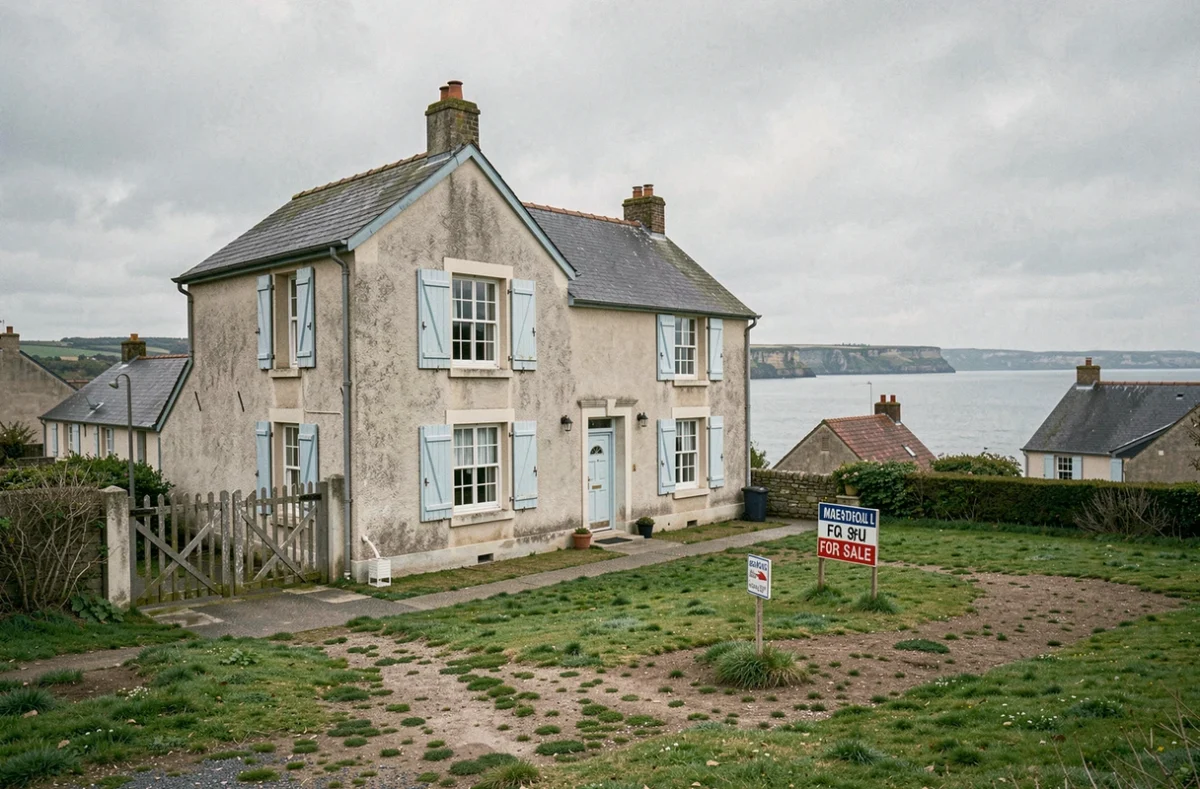 Maison à vendre en bord de mer en Normandie avec vue sur la Manche, façade modeste avec volets bleus et panneau à vendre