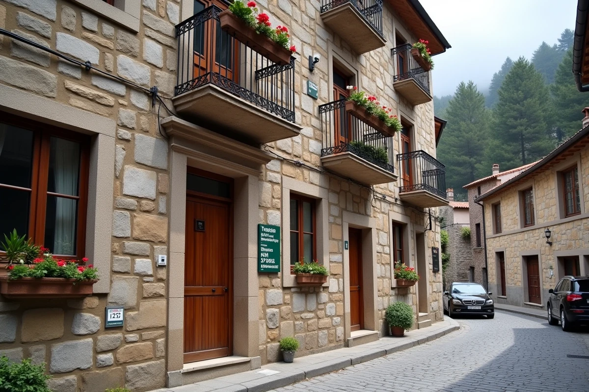 Façade d'une maison traditionnelle en pierre à vendre en Andorre dans une rue pavée du village