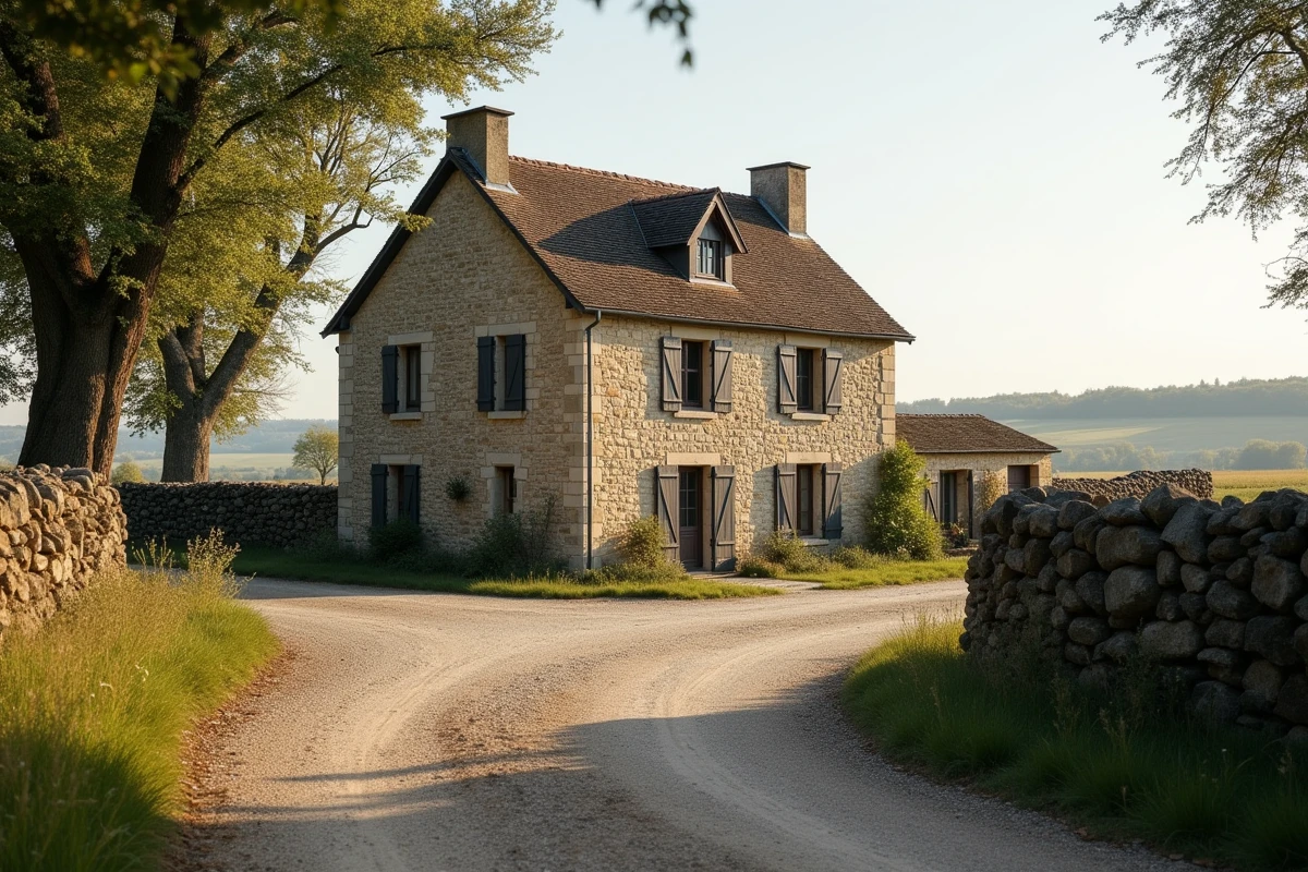 Maison vendéenne isolée en campagne avec murs en pierre calcaire, volets en bois et grand terrain arboré dans le bocage vendéen
