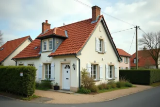 Maison vendéenne en lotissement avec façade blanche et toiture en tuiles, entourée de pavillons voisins dans un quartier résidentiel calme
