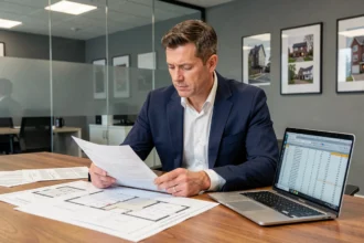 Marchand de biens consultant des documents fiscaux et plans architecturaux sur une table de bureau pour analyser la déductibilité de la TVA sur les travaux
