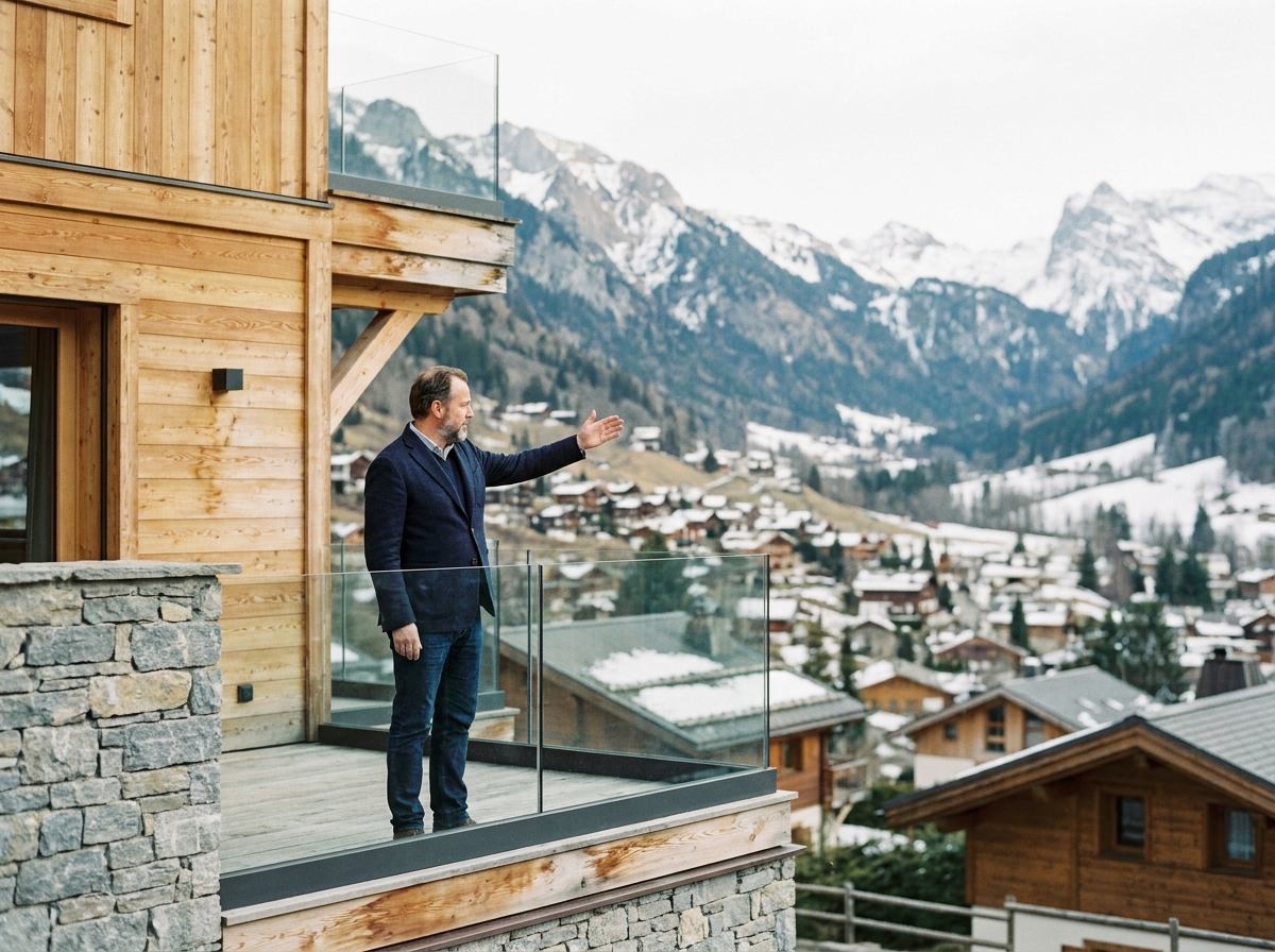 Agent immobilier présentant une propriété alpine moderne à Morzine avec vue panoramique sur la vallée