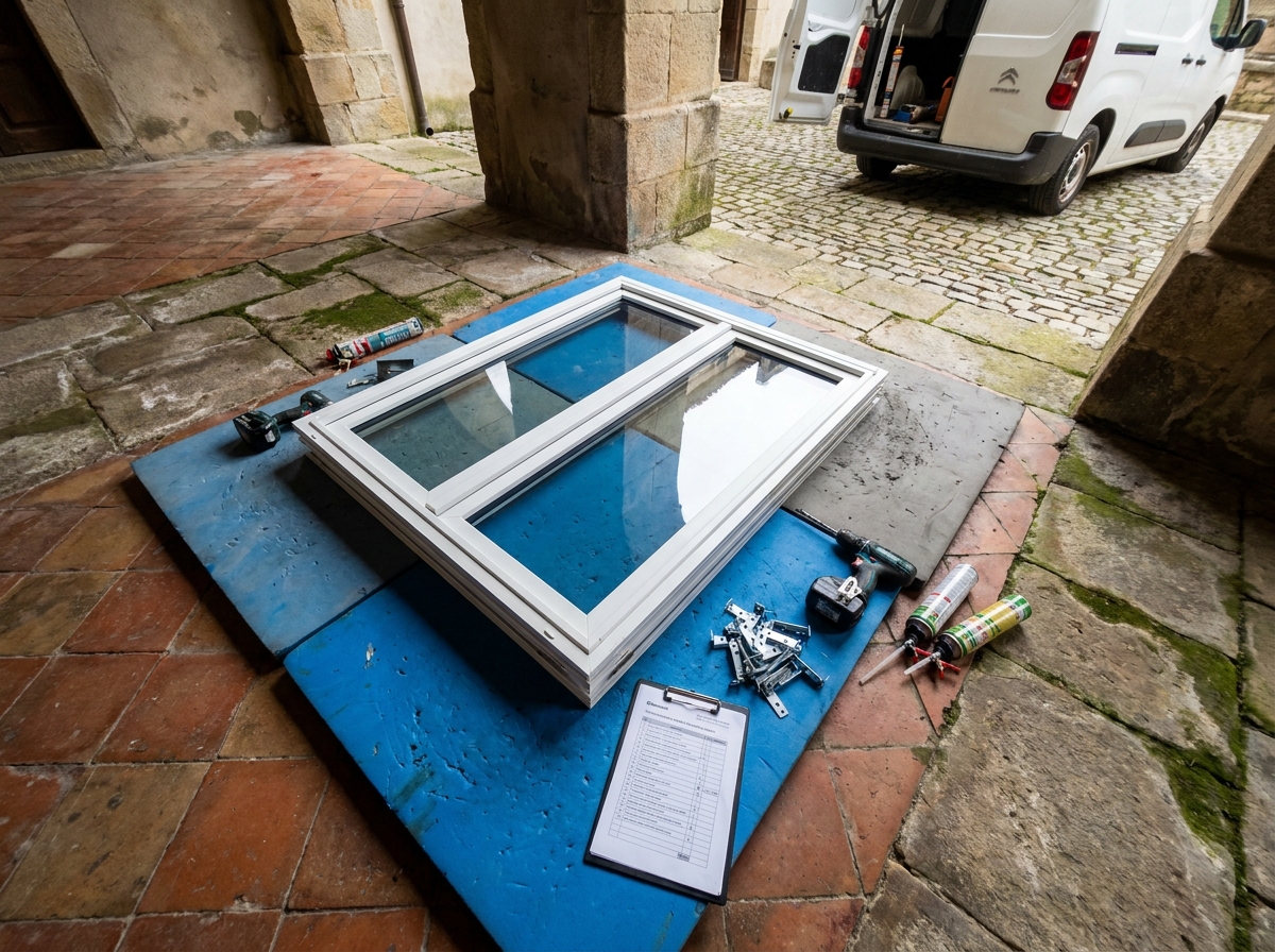 Matériaux et outils de pose de fenêtre disposés dans une cour lyonnaise avant le début du chantier