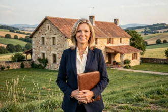 Agente immobilière professionnelle devant une maison en pierre typique de la Corrèze avec vue sur la campagne verdoyante