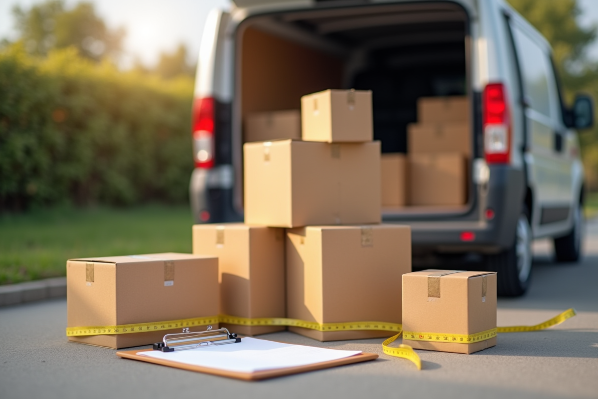 Empilement de cartons avec ruban métrique et fiche de mesure