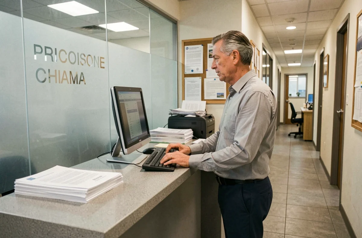 Administrateur de copropriété mettant à jour le registre numérique des copropriétaires sur un ordinateur de bureau