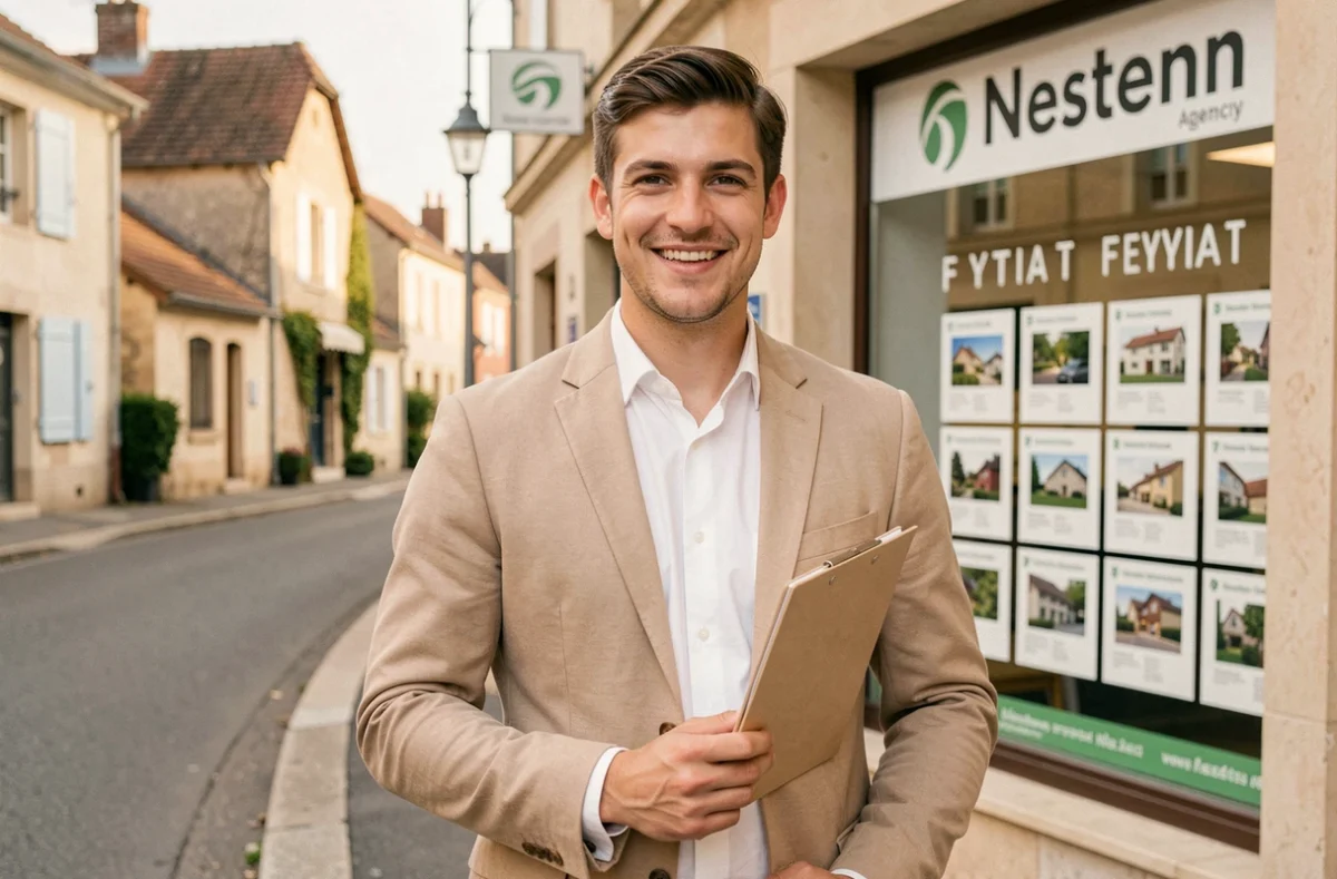Agent Nestenn devant la vitrine de l'agence de Feytiat avec des annonces immobilières affichées en arrière-plan