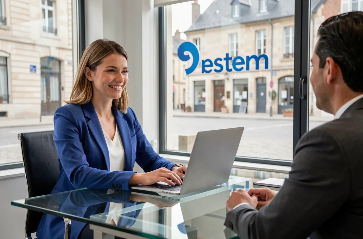 Conseillère Nestenn en Corrèze travaillant avec un client dans une agence moderne avec vitrine sur la ville