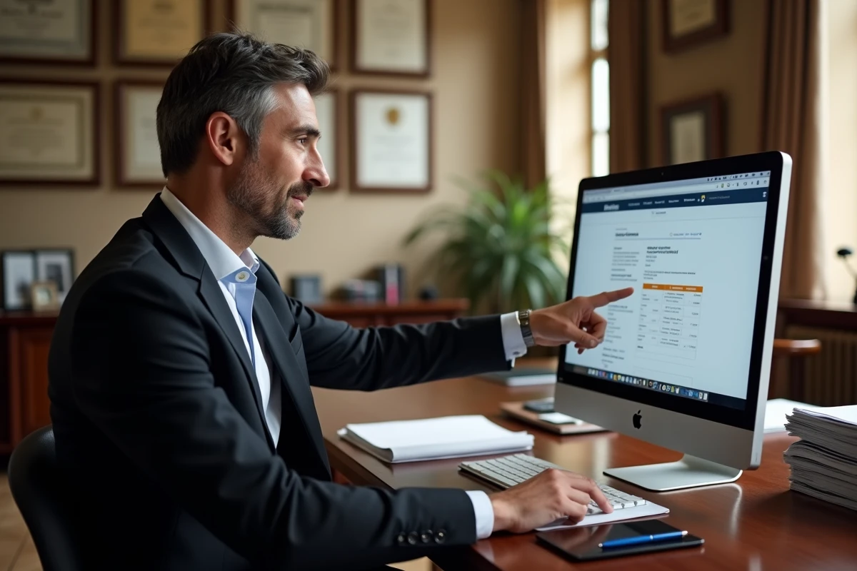 Notaire consultant le site du cadastre officiel sur ordinateur pour rechercher le propriétaire d'une parcelle immobilière