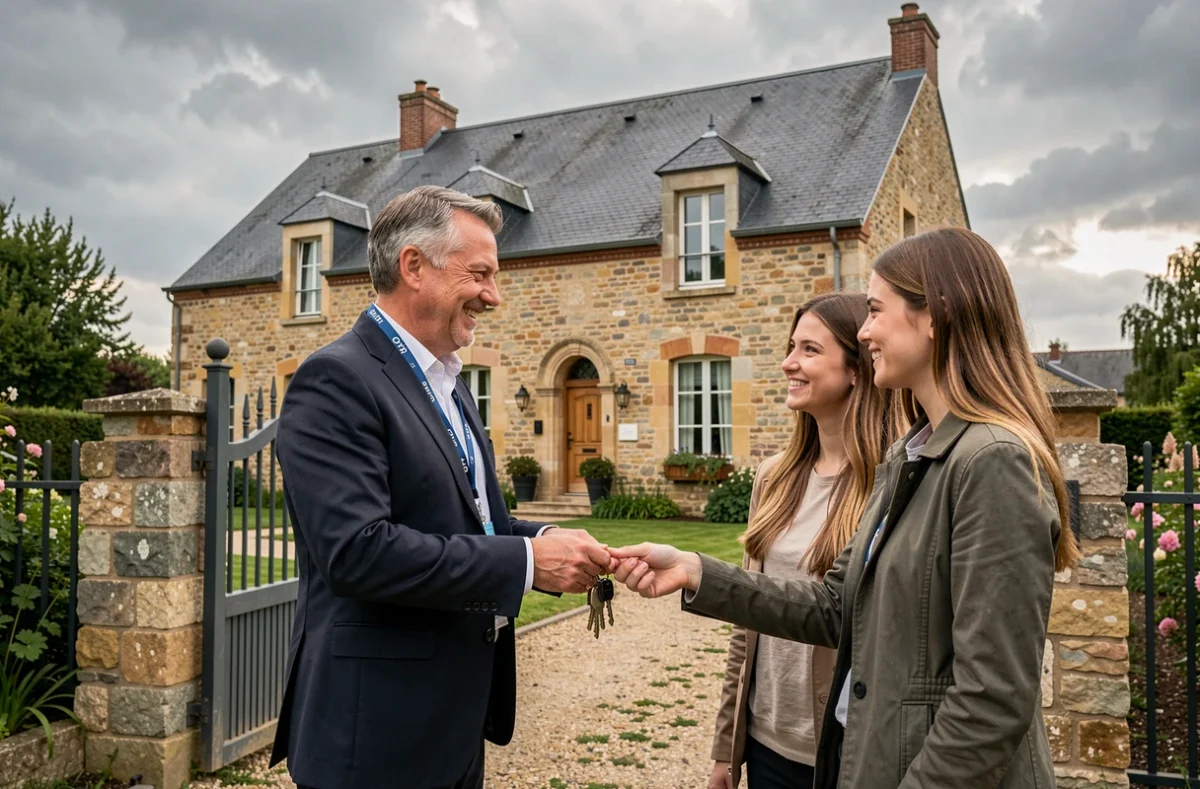 Agent Orpi remettant les clés d'une maison corrézienne en pierre à un couple d'acheteurs satisfaits