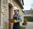 Ouvrier en tenue de travail examine la façade d'une maison ancienne