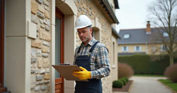Ouvrier en tenue de travail examine la façade d'une maison ancienne