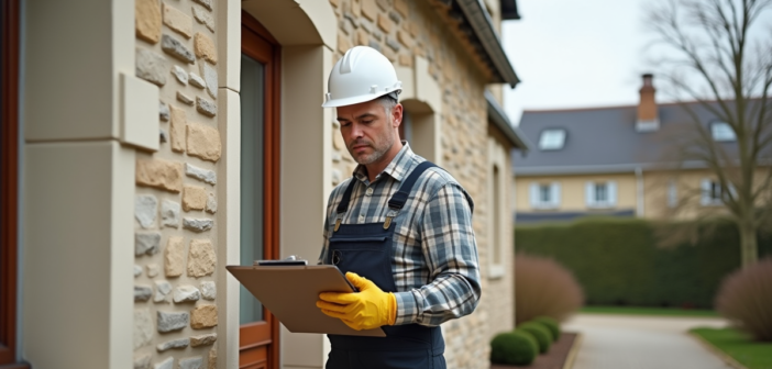 Ouvrier en tenue de travail examine la façade d'une maison ancienne