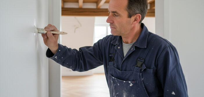 Peintre homme en overalls peignant un mur blanc à Rennes