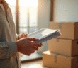 Personne tenant des documents officiels devant un carton dans un appartement lumineux