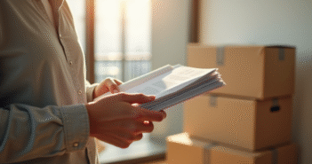 Personne tenant des documents officiels devant un carton dans un appartement lumineux