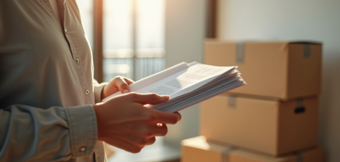 Personne tenant des documents officiels devant un carton dans un appartement lumineux