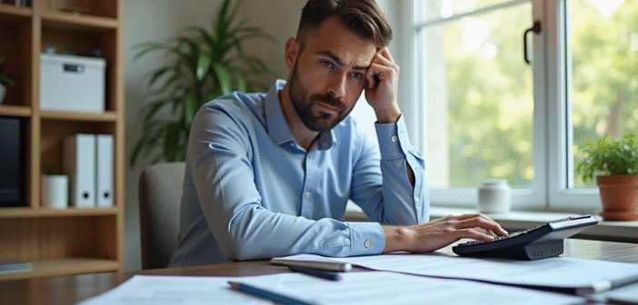 Personne préoccupée examinant documents fiscaux à son bureau