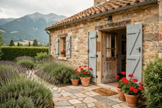 Petite maison en pierre avec jardin fleuri à louer dans les Pyrénées-Orientales, entourée de lavande et de romarin