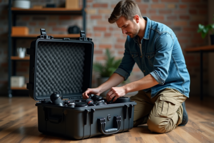 Photographe en studio organisant son kit photo noir