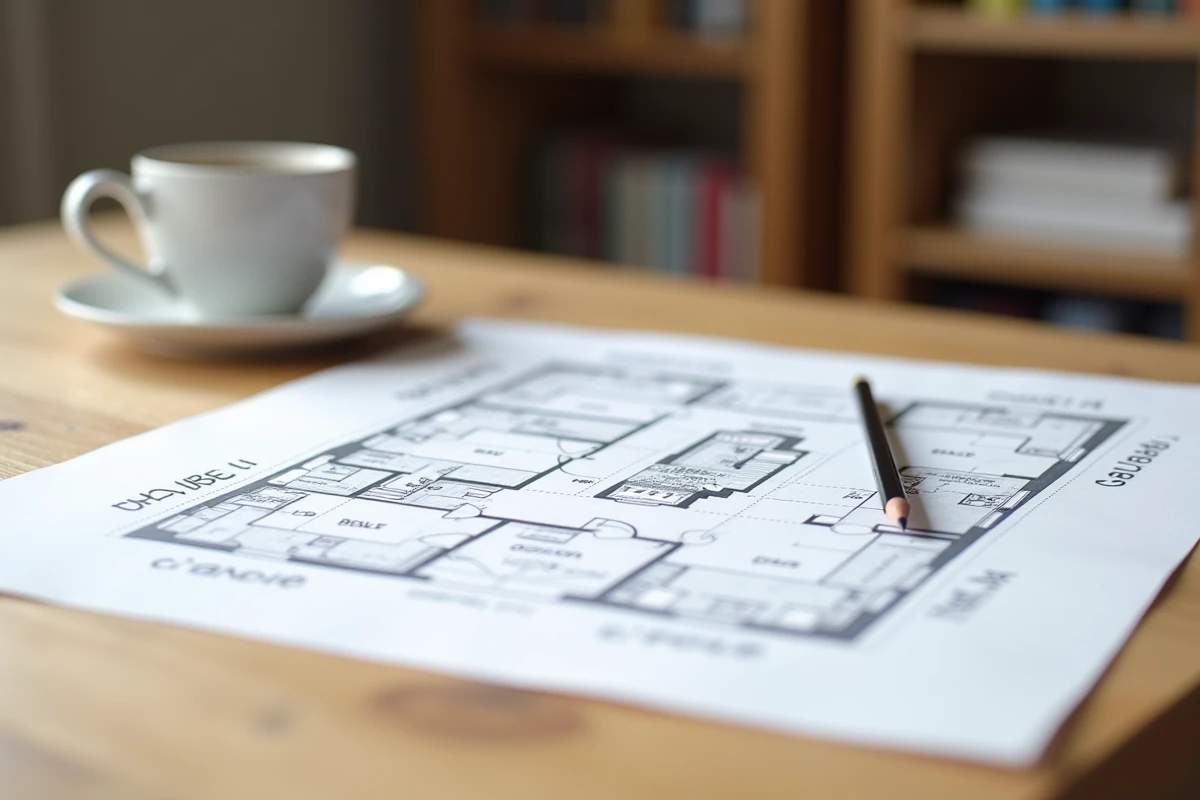 Plan de sol annoté d'un appartement T3 posé sur une table avec notes manuscrites sur les pièces