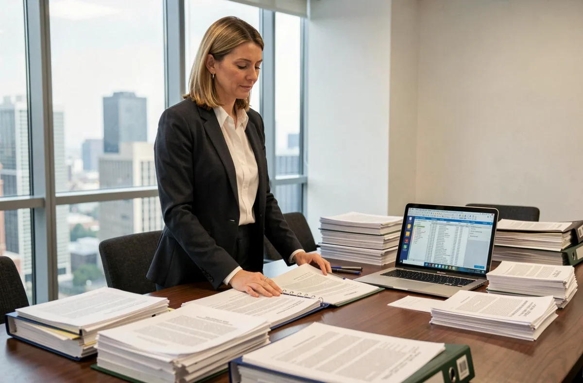 Professionnelle juridique consultant des dossiers de liquidation sur une table de réunion dans un cadre d'entreprise moderne