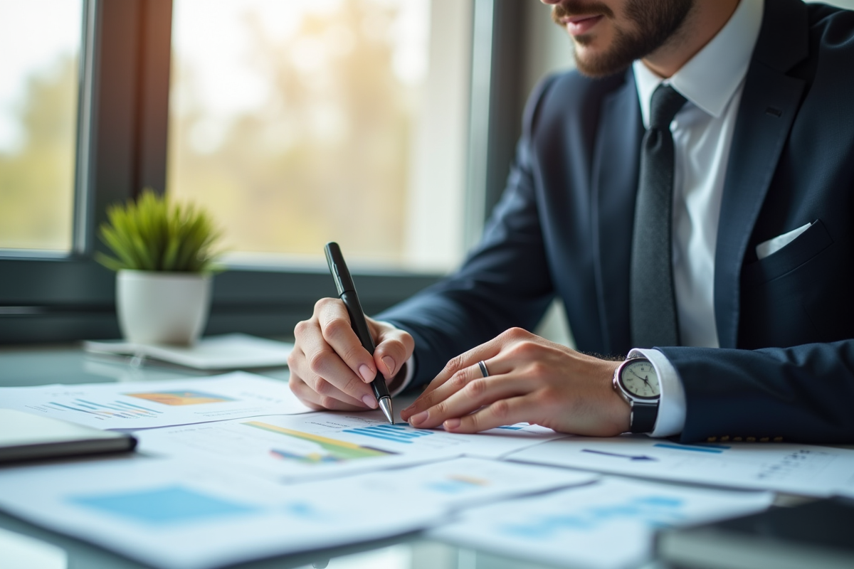 Professionnel en affaires examinant des documents immobiliers