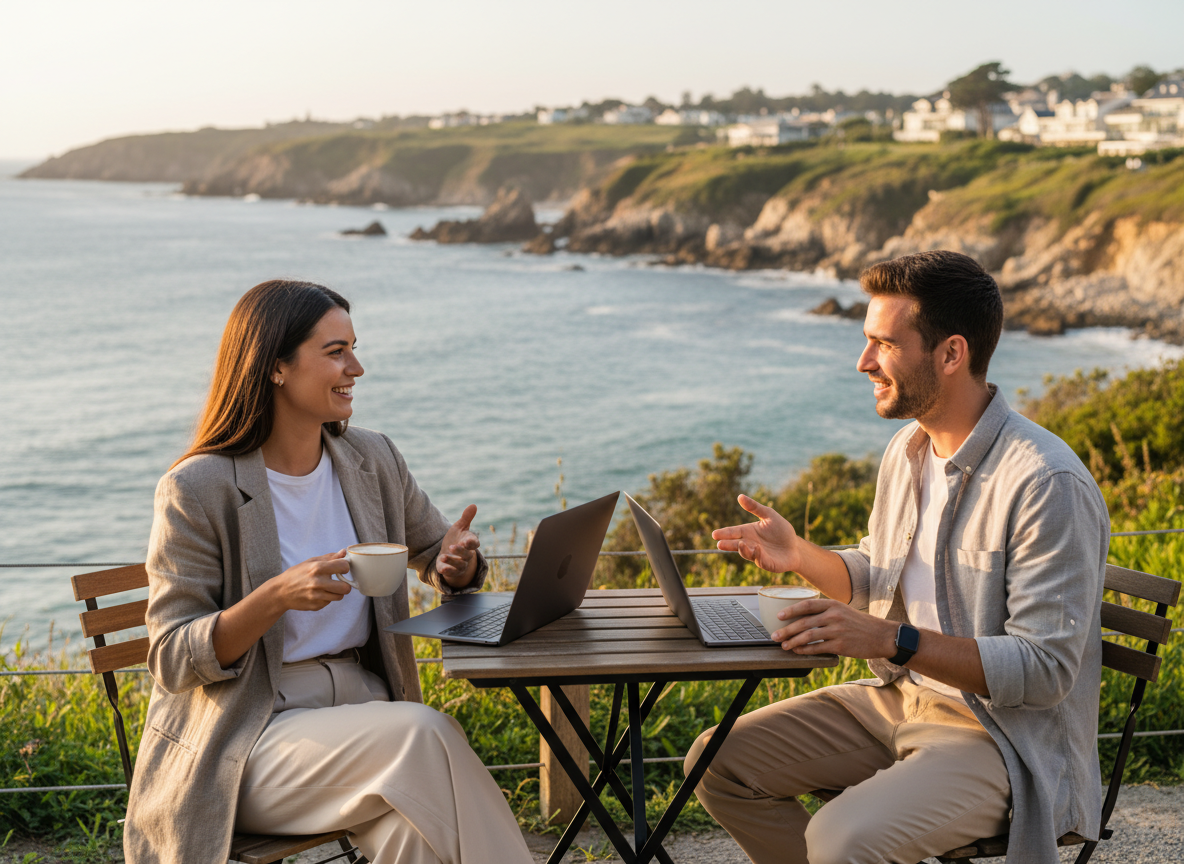 Jeunes professionnels discutant au café face à la mer