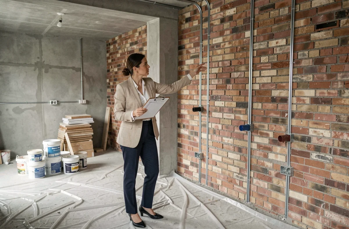 Promoteur immobilier féminin inspectant un appartement en cours de rénovation avec liste de contrôle pour évaluer les travaux déductibles en TVA