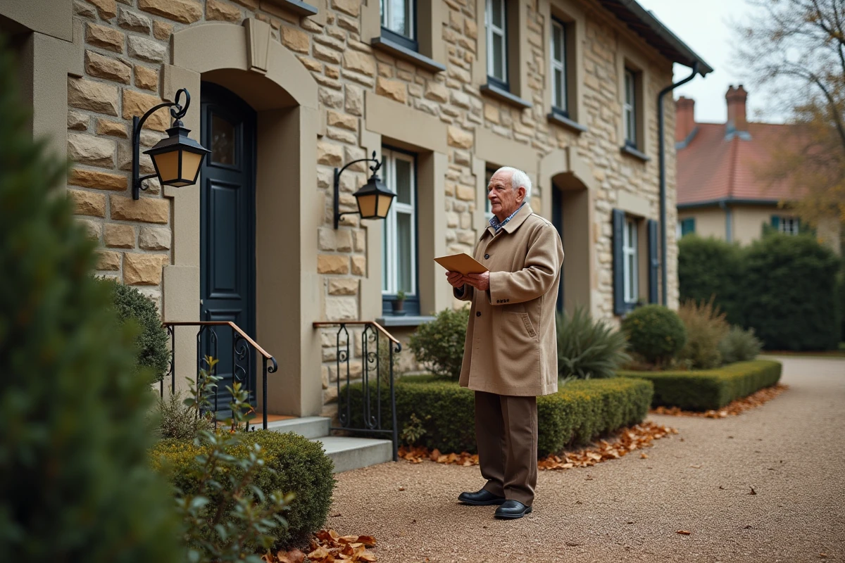 Propriétaire âgé devant sa maison en pierre envisageant une vente en viager