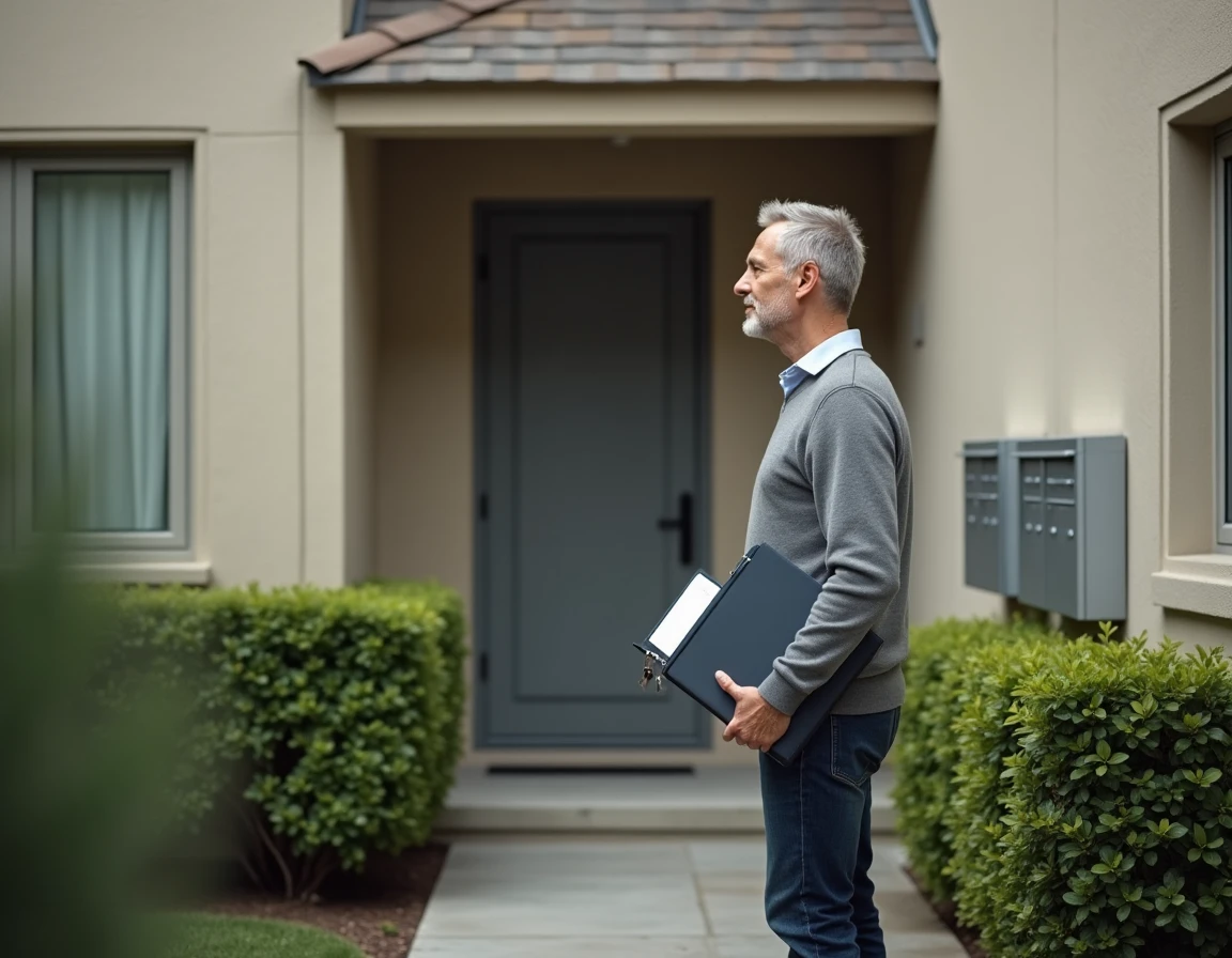 Propriétaire bailleur devant son immeuble résidentiel tenant un contrat de location