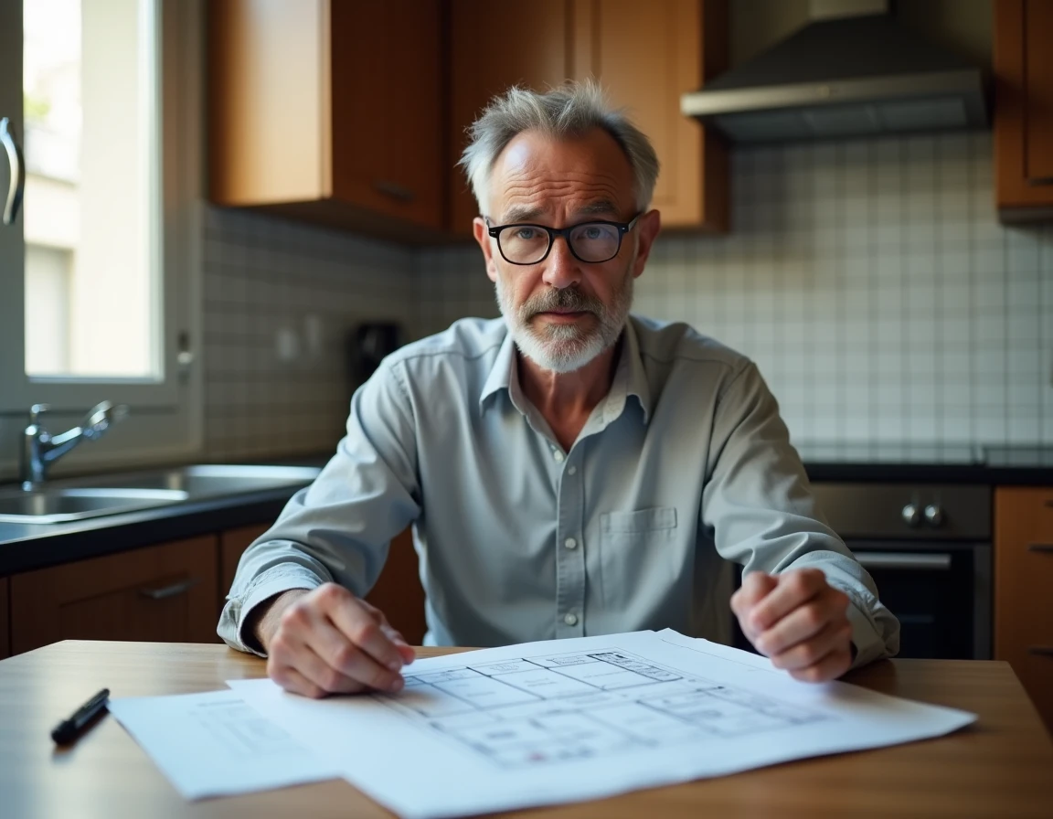 Propriétaire immobilier examinant un contrat de location et des plans d'appartement, confronté aux risques juridiques d'une chambre non conforme