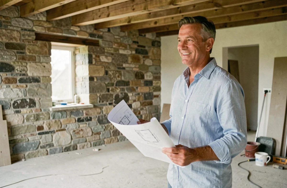 Propriétaire tenant des plans de maison dans un logement en rénovation financé grâce au prêt CASDEN