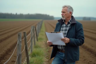 Propriétaire terrien regardant un champ labouré en extérieur