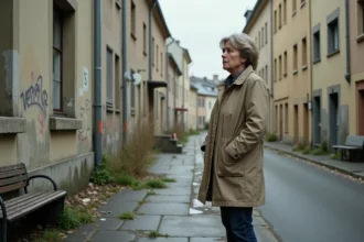 Femme habitante d'un quartier sensible de La Roche-sur-Yon devant un immeuble dégradé avec graffitis
