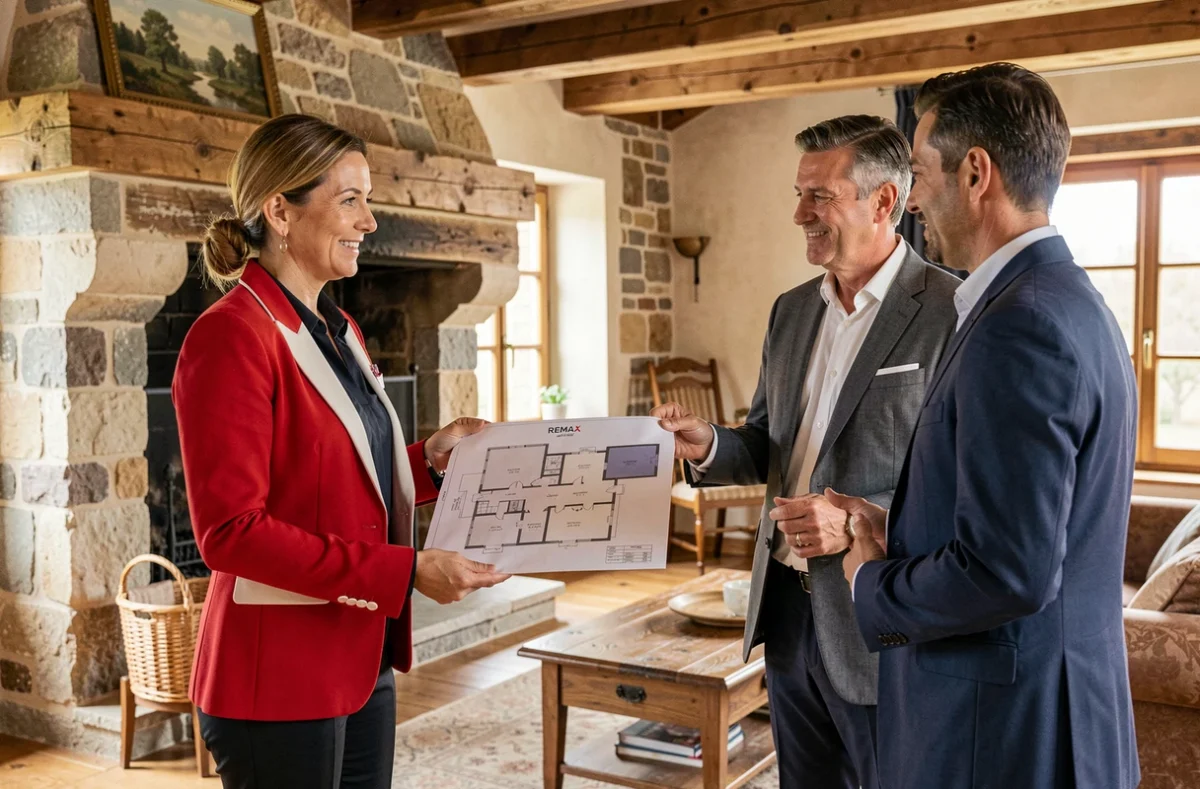 Agente Remax présentant un plan de bien immobilier dans une fermette rénovée en Corrèze avec poutres apparentes